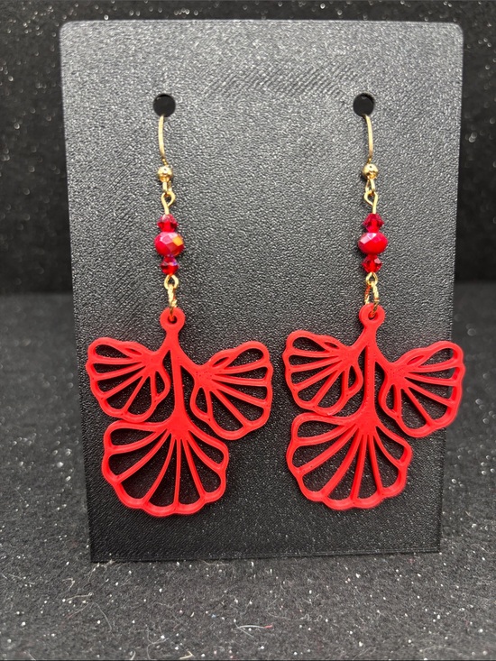 Handmade Jewelry - Crimson Fan Leaf Earrings | Red Ginkgo Leaf Dangle Earrings with Crystal Beads